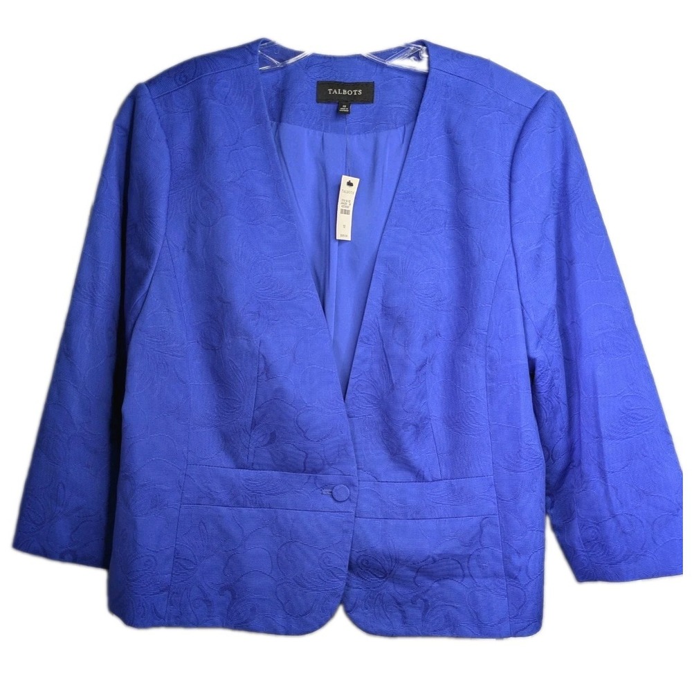 Talbots Women's Blazer 12 NWT $169 Royal Blue Floral Single Button 100% Cotton